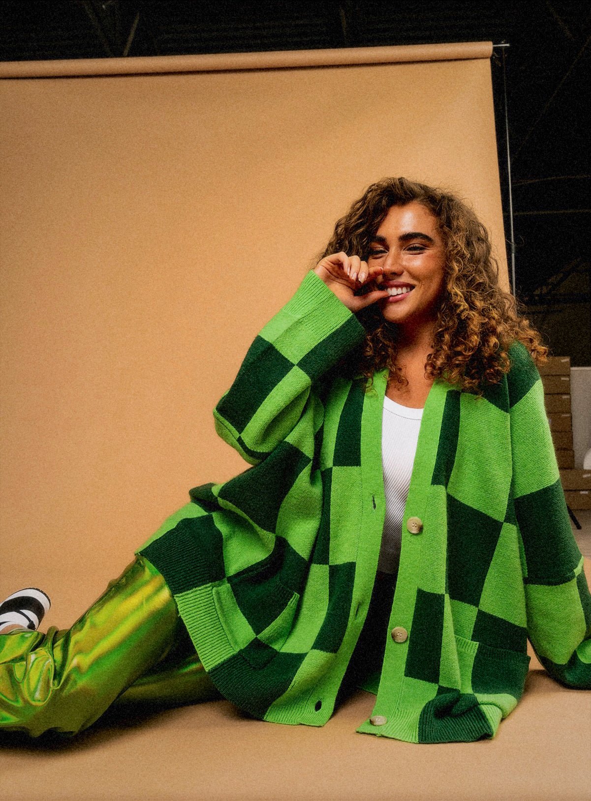 LALA ORIGINAL Love You Oversized Checkerboard Cardigan in Green *REST