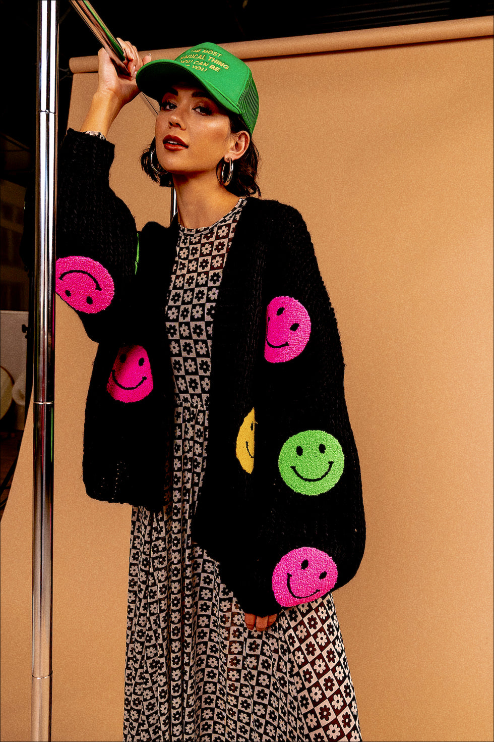Visionary Hand Knit Smiley Cardigan Dressed in Lala