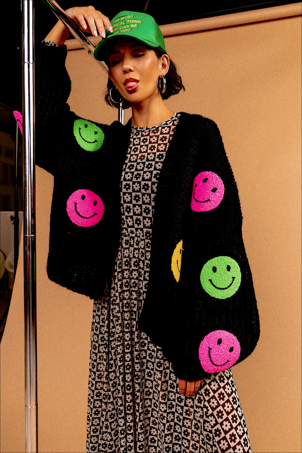 Visionary Hand Knit Smiley Cardigan Dressed in Lala