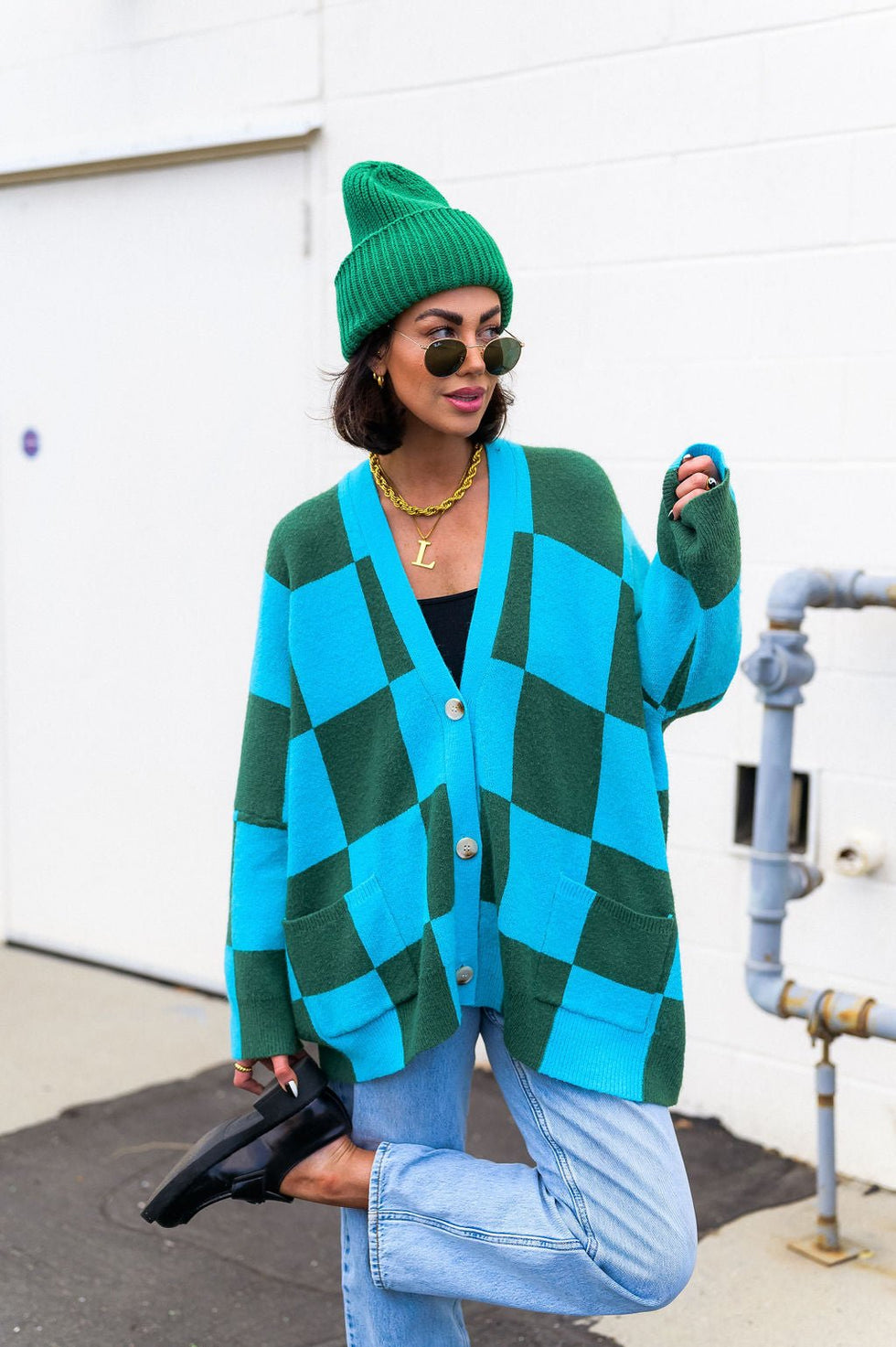 Love You Oversized Checkerboard Cardigan in Emerald + Sky Dressed in Lala