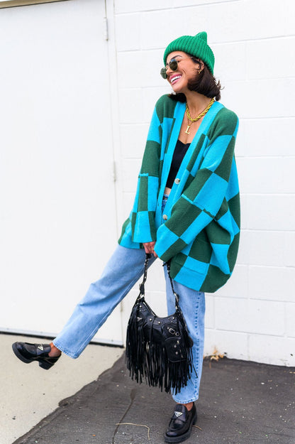 Love You Oversized Checkerboard Cardigan in Emerald + Sky