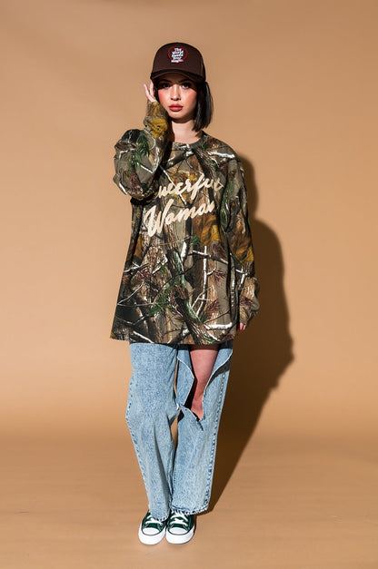 Powerful Woman Oversized Long Sleeve Tee in Camo