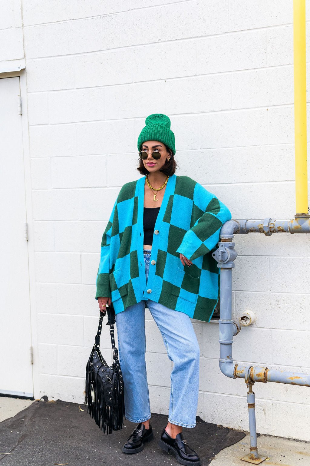 Love You Oversized Checkerboard Cardigan in Emerald + Sky