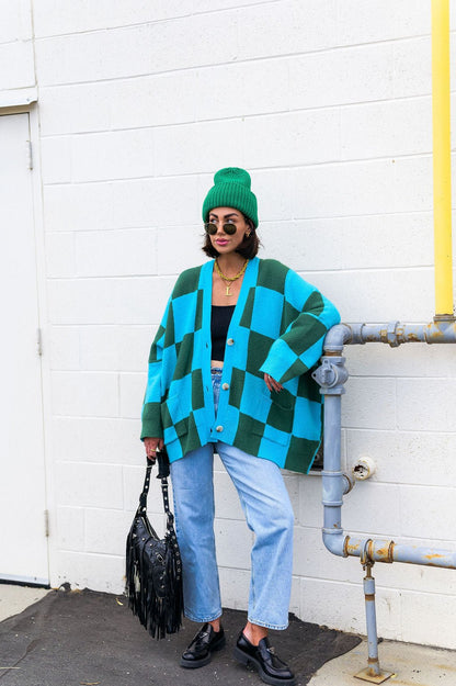 Love You Oversized Checkerboard Cardigan in Emerald + Sky