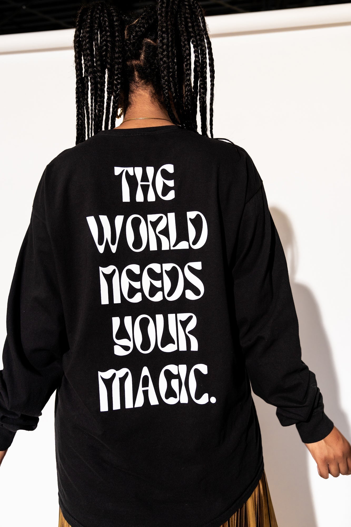 LALA LABEL: The World Needs Your Magic Groovy Oversized Long Sleeve Tee in Black + White - Dressed in Lala