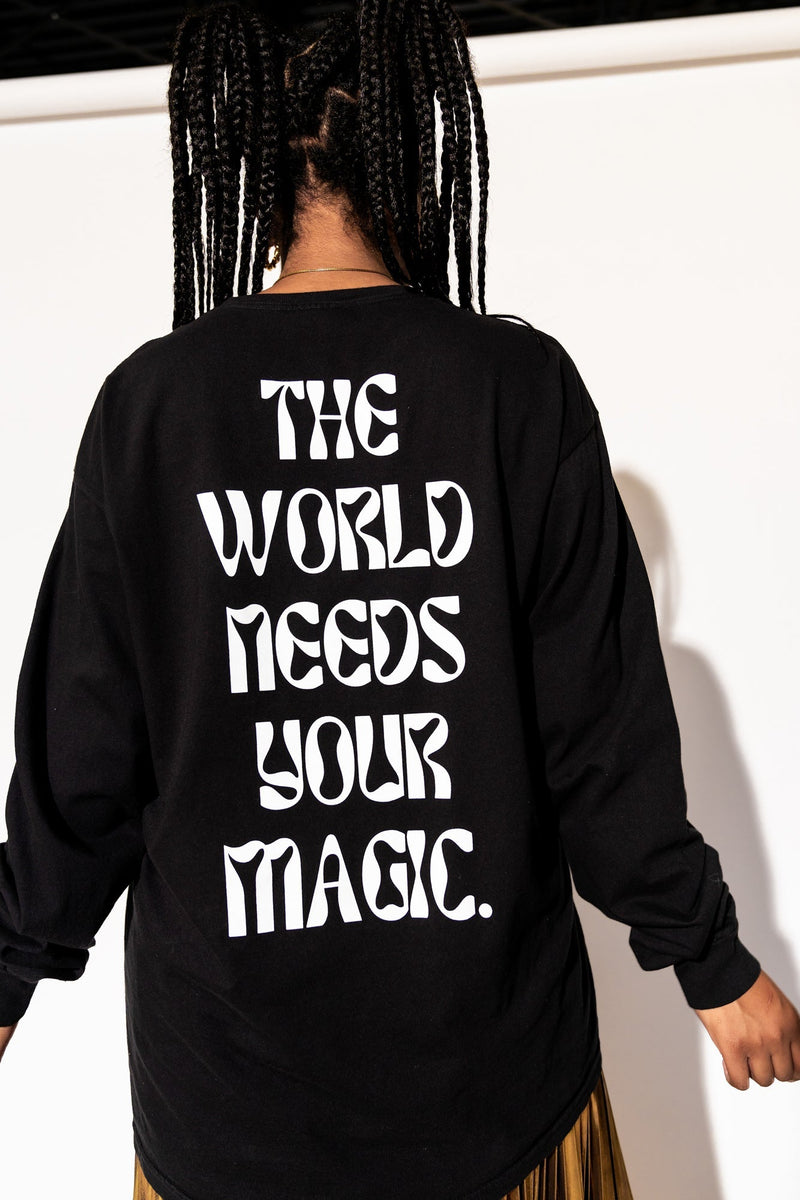 The World Needs Your Magic Groovy Oversized Long Sleeve Tee in Black
