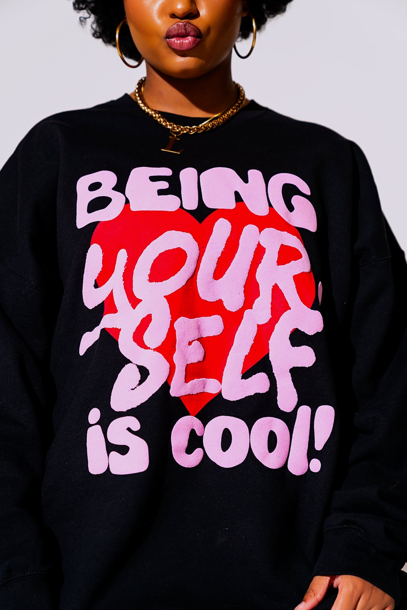 LALA ORIGINAL: Being Yourself is Cool Puff Print Pullover in Black - Dressed in Lala