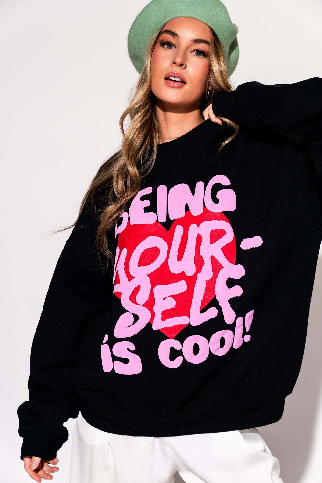 LALA ORIGINAL: Being Yourself is Cool Puff Print Pullover in Black - Dressed in Lala