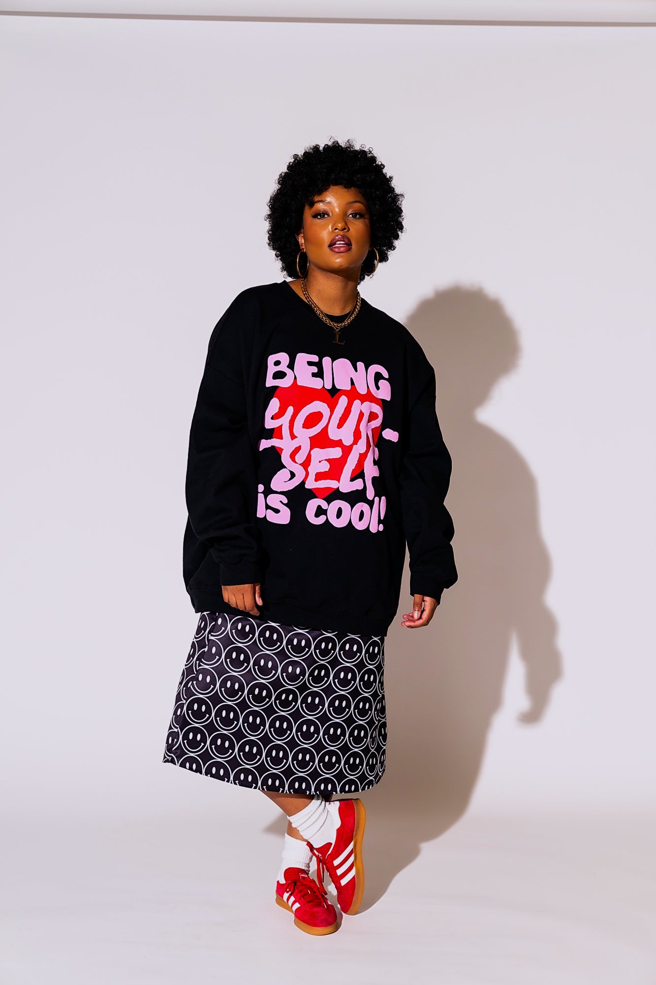 LALA ORIGINAL: Being Yourself is Cool Puff Print Pullover in Black - Dressed in Lala