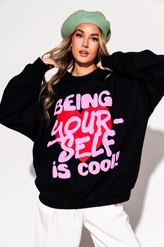 LALA ORIGINAL: Being Yourself is Cool Puff Print Pullover in Black - Dressed in Lala