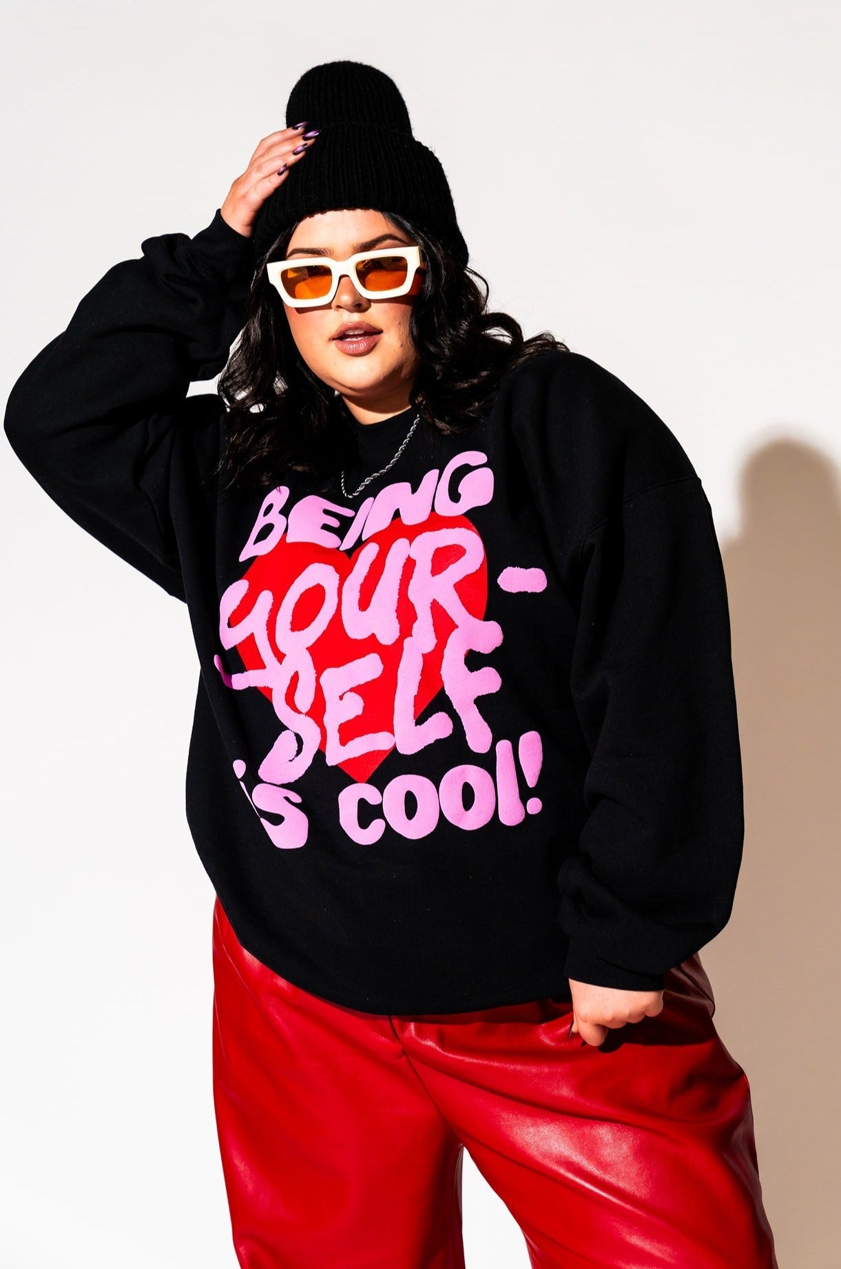 LALA ORIGINAL: Being Yourself is Cool Puff Print Pullover in Black - Dressed in Lala