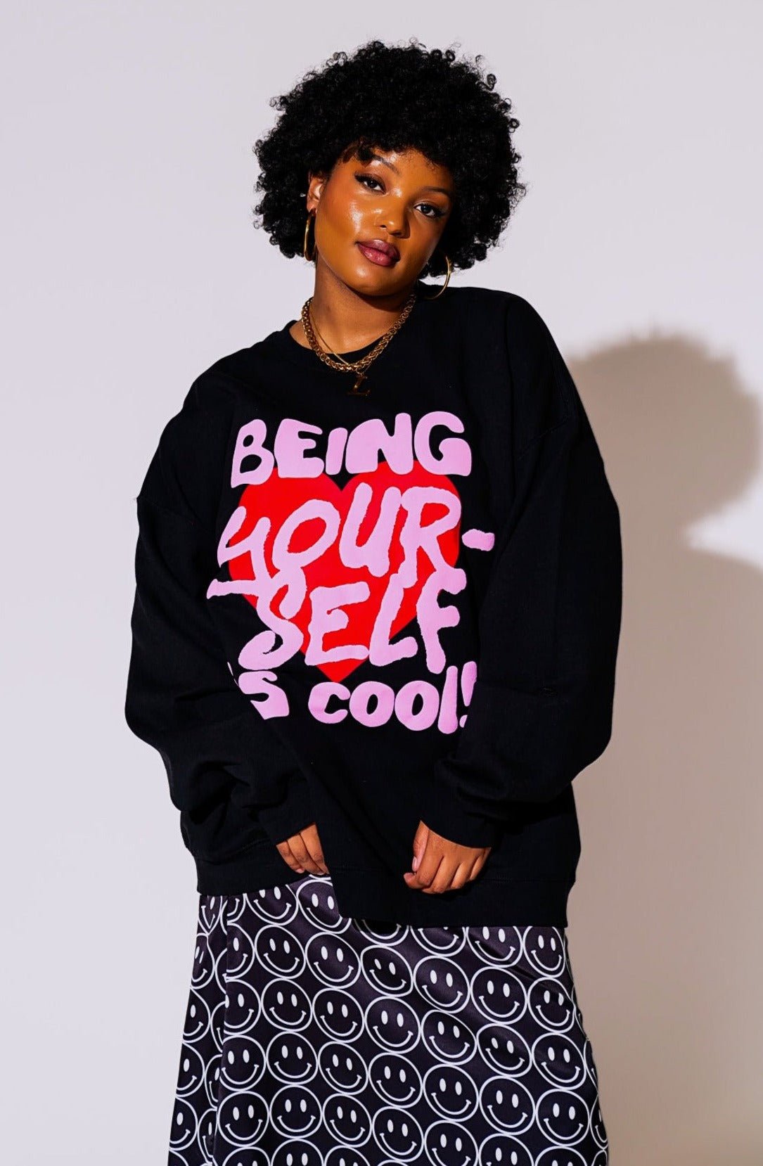 LALA ORIGINAL: Being Yourself is Cool Puff Print Pullover in Black - Dressed in Lala