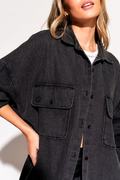 LALA ORIGINAL: Betty Black Denim Grunge Shirt Jacket - Dressed in Lala