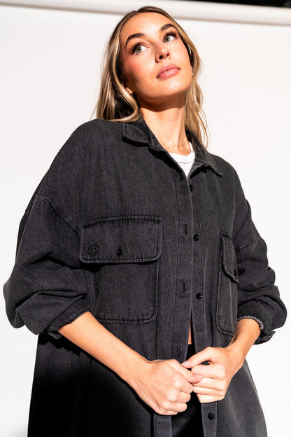 LALA ORIGINAL: Betty Black Denim Grunge Shirt Jacket - Dressed in Lala