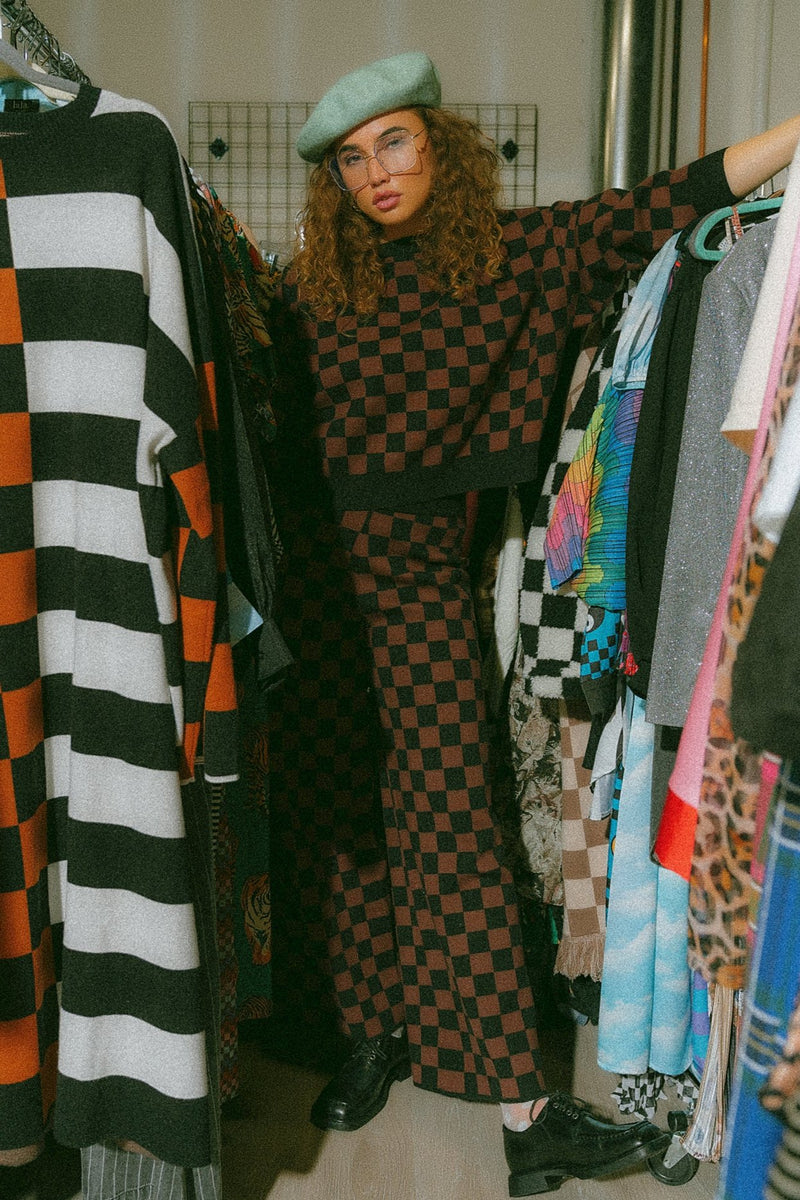 Mocha & Black Checkerboard Wide Leg Overalls