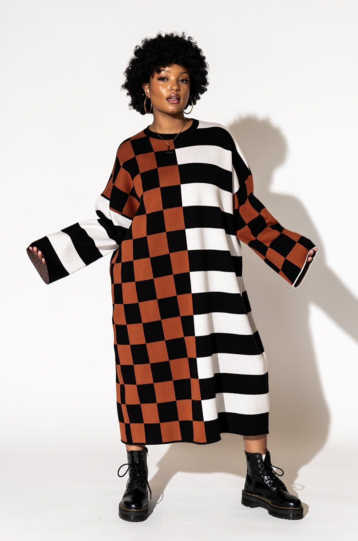 Dressed in Lala Gimme More Half Check Half Stripe Oversized Knit Dress L/XL