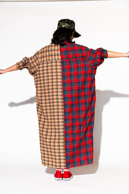 LALA ORIGINAL: Grunge Goddess Flannel Dress/Duster in Red + Tan - Dressed in Lala