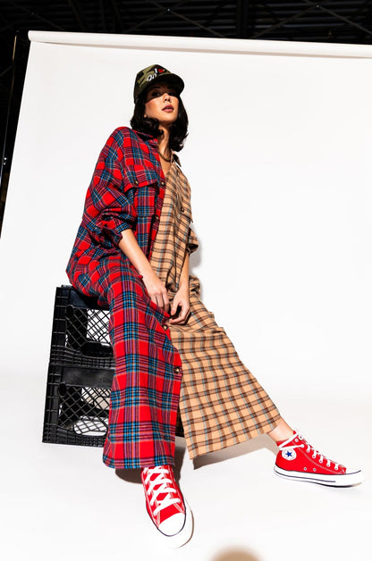 LALA ORIGINAL: Grunge Goddess Flannel Dress/Duster in Red + Tan - Dressed in Lala