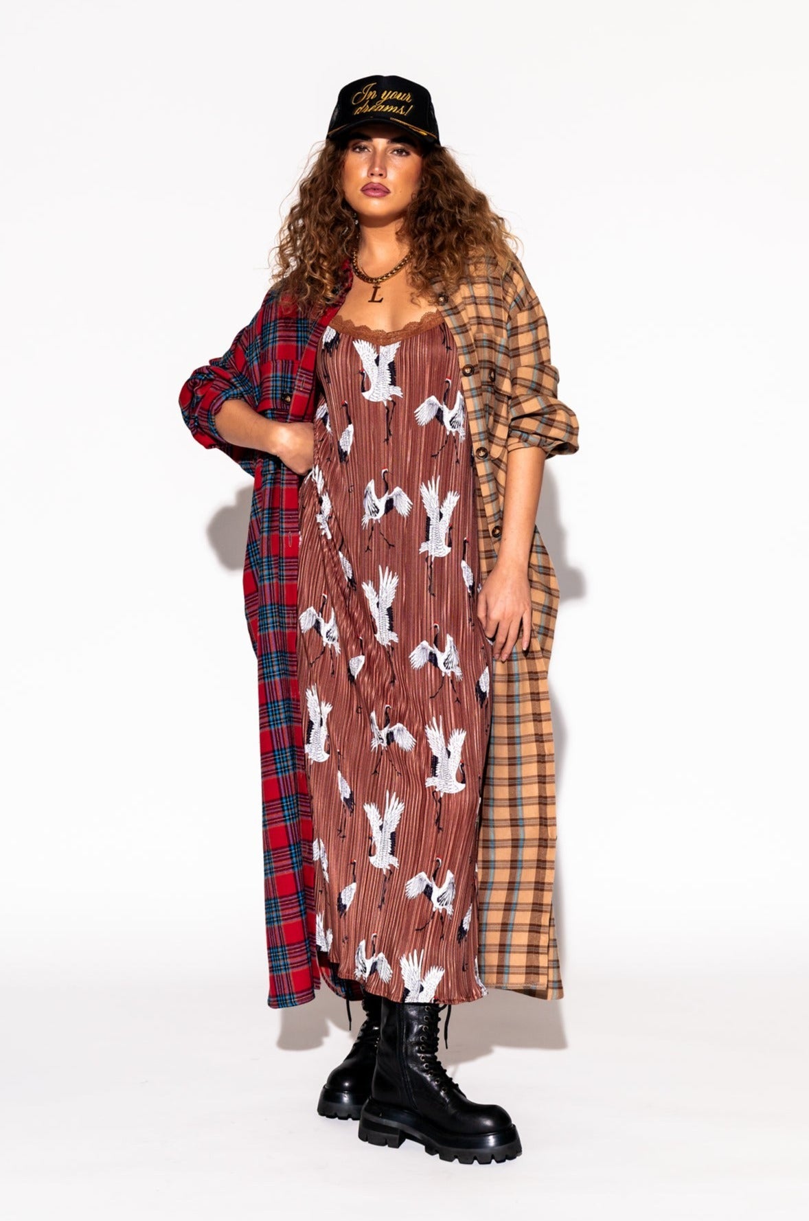 LALA ORIGINAL: Grunge Goddess Flannel Dress/Duster in Red + Tan - Dressed in Lala