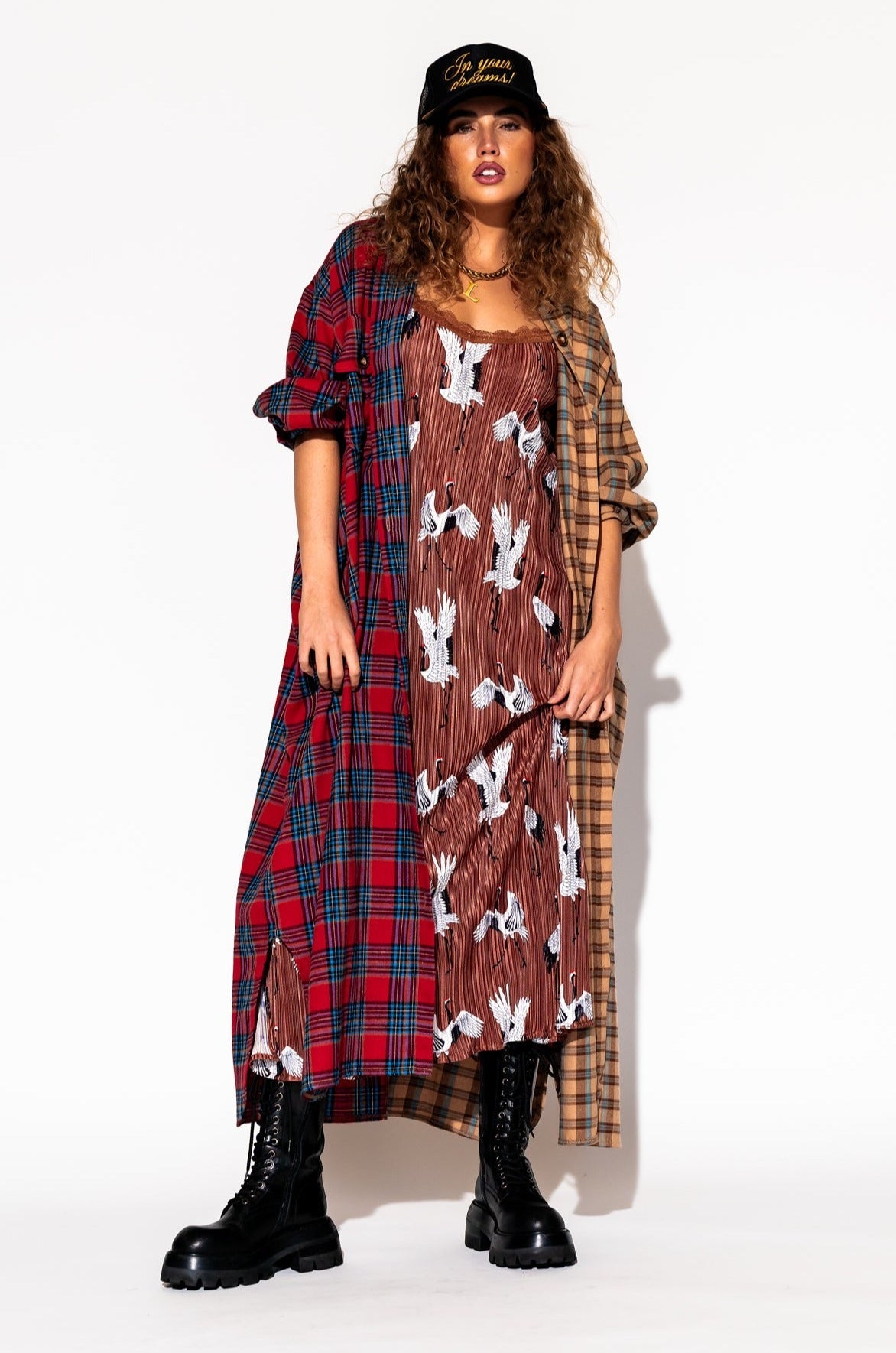 LALA ORIGINAL: Grunge Goddess Flannel Dress/Duster in Red + Tan - Dressed in Lala