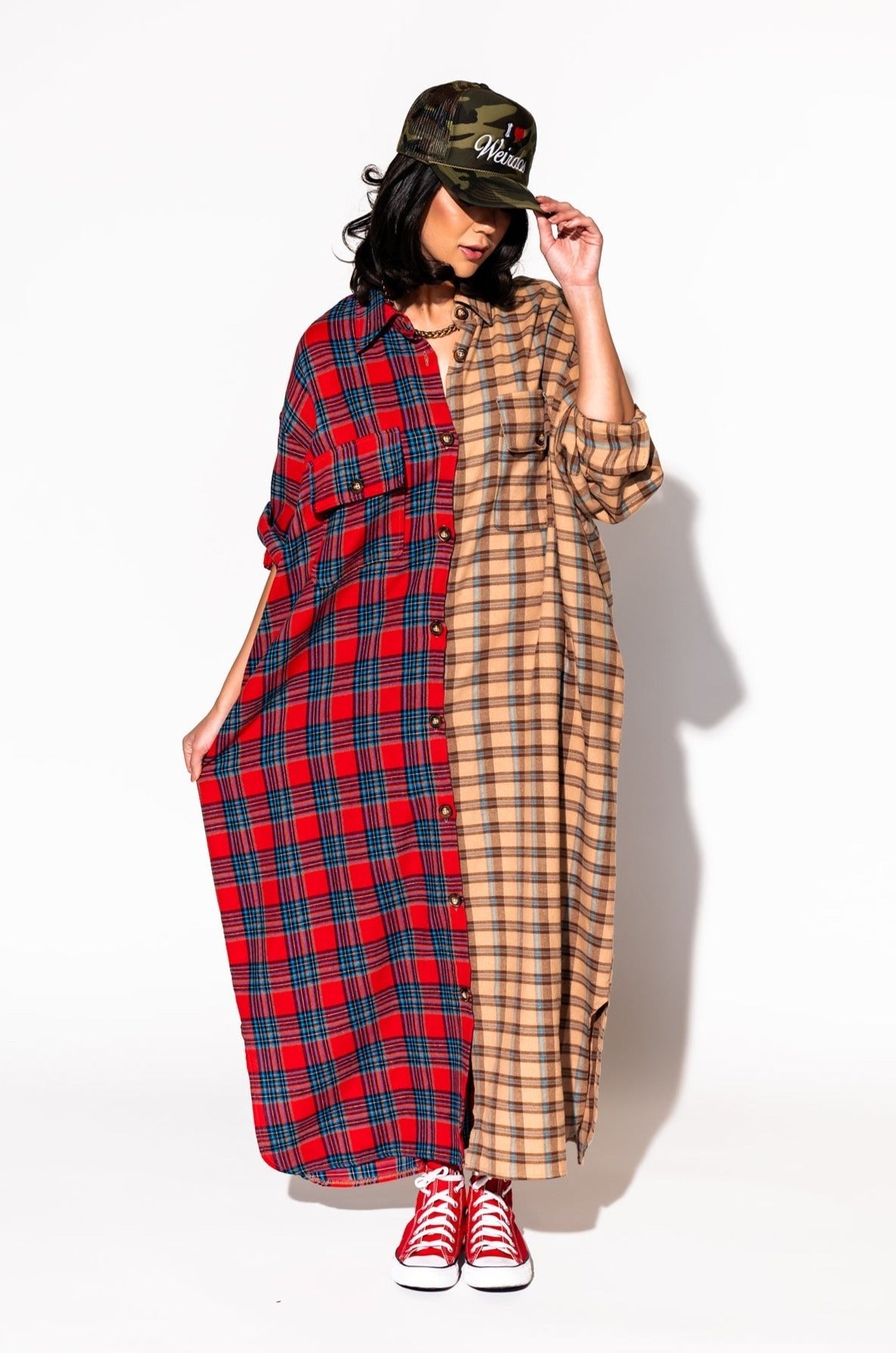 LALA ORIGINAL: Grunge Goddess Flannel Dress/Duster in Red + Tan - Dressed in Lala