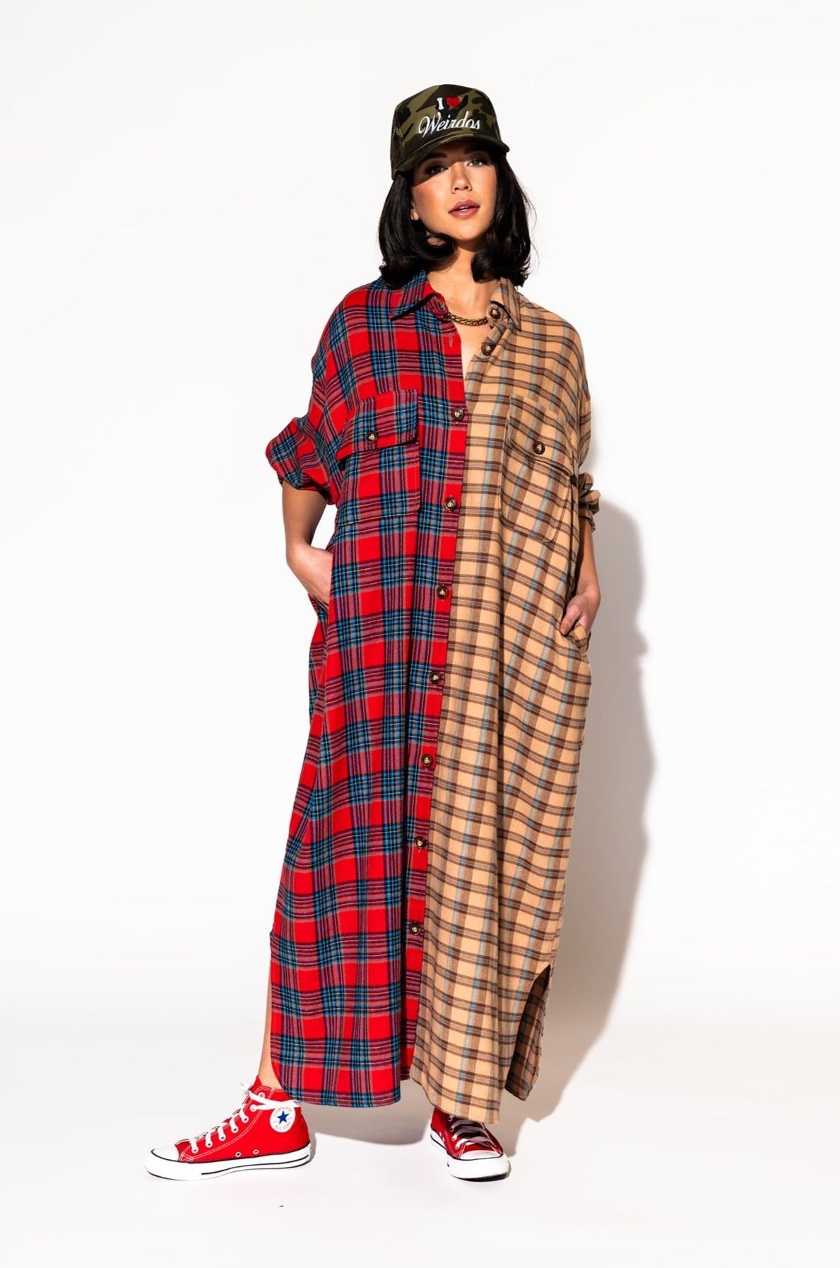 LALA ORIGINAL: Grunge Goddess Flannel Dress/Duster in Red + Tan - Dressed in Lala