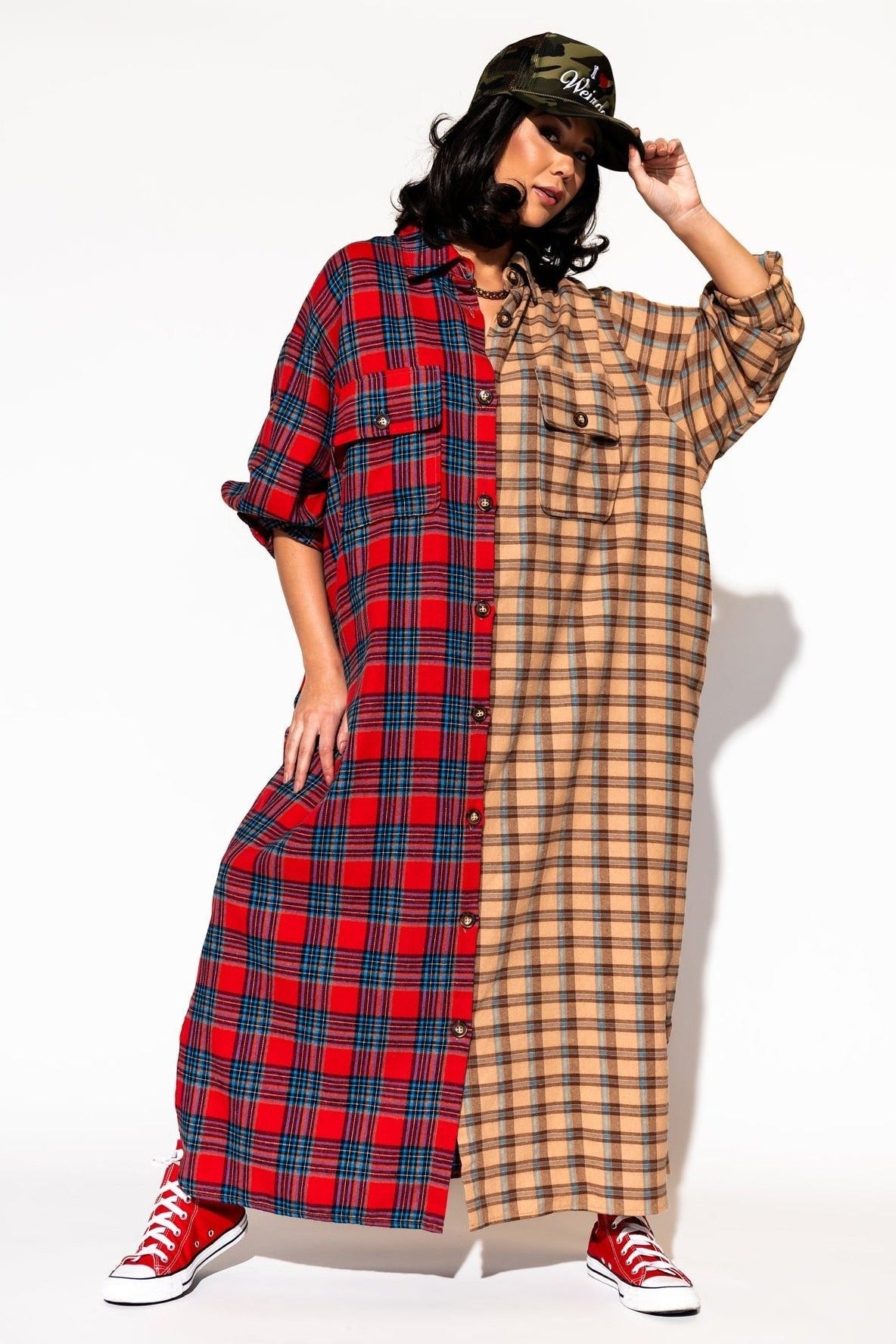 LALA ORIGINAL: Grunge Goddess Flannel Dress/Duster in Red + Tan - Dressed in Lala