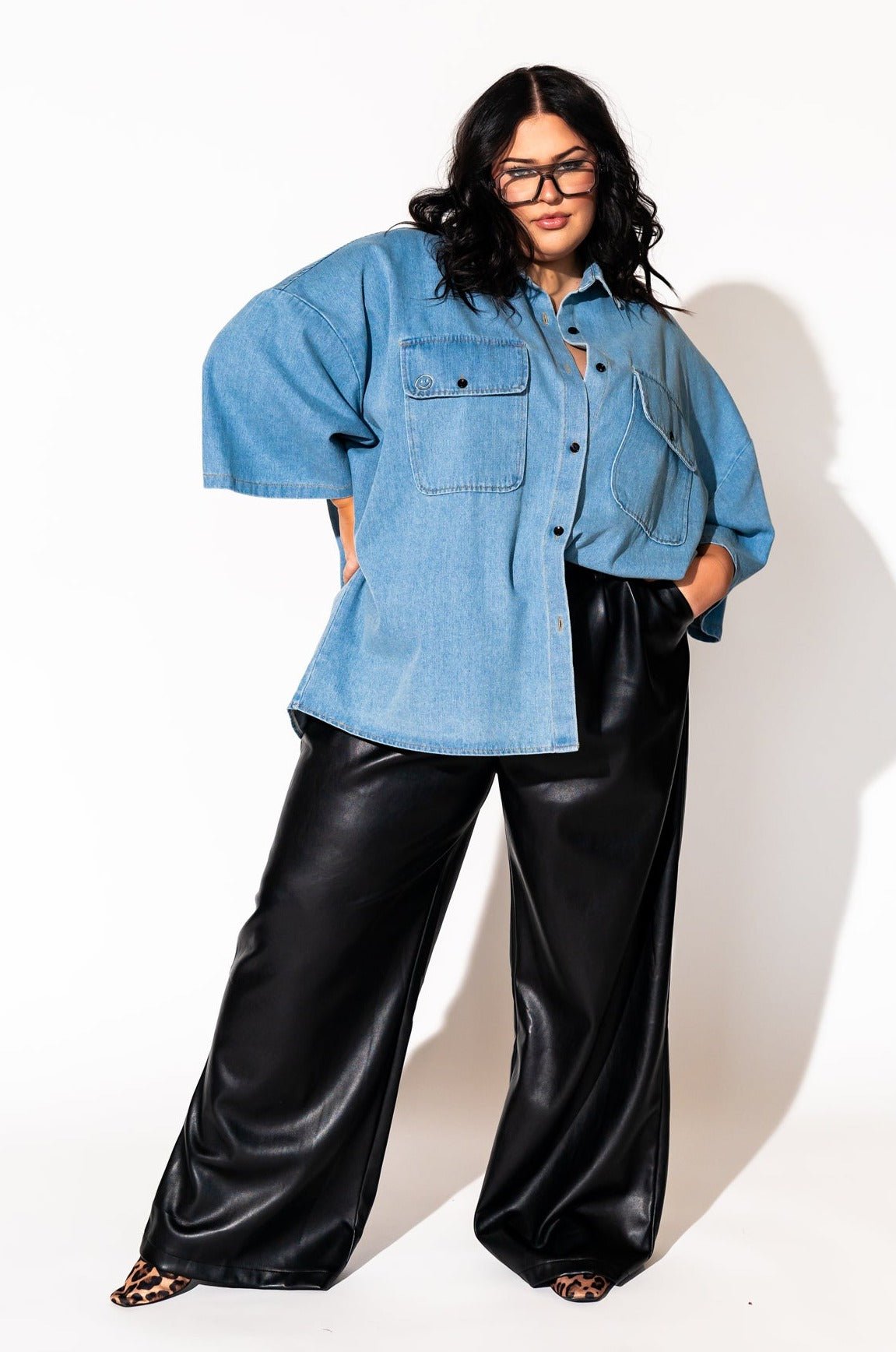 LALA ORIGINAL: Let Them Talk Oversized Denim Button Up in Vintage Blue - Dressed in Lala
