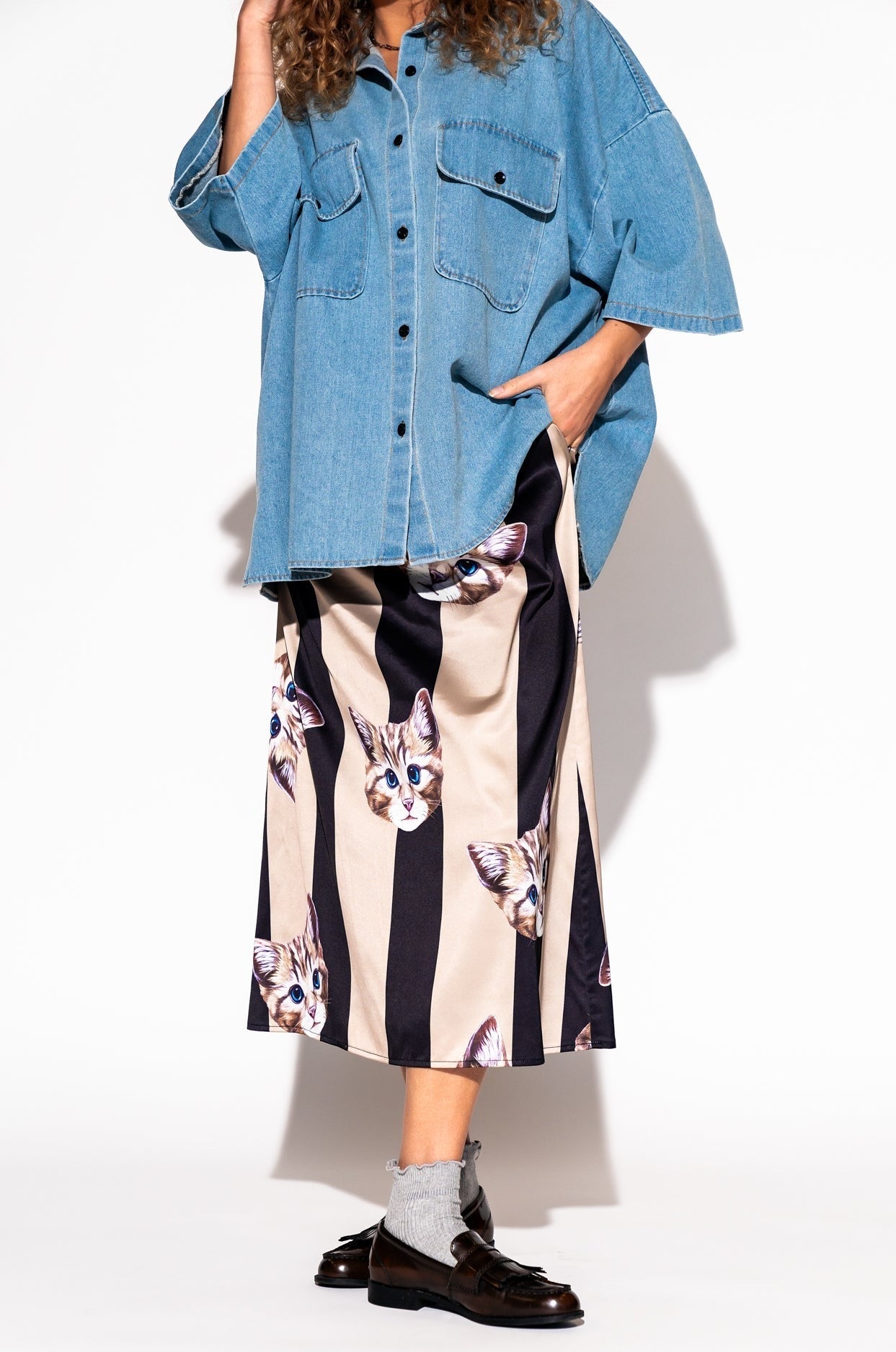 LALA ORIGINAL: Let Them Talk Oversized Denim Button Up in Vintage Blue - Dressed in Lala