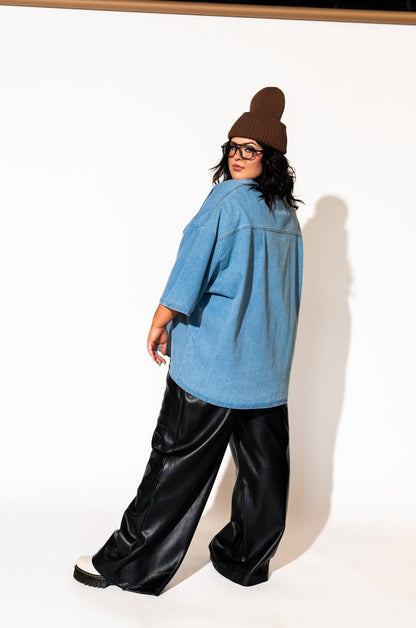 LALA ORIGINAL: Let Them Talk Oversized Denim Button Up in Vintage Blue - Dressed in Lala