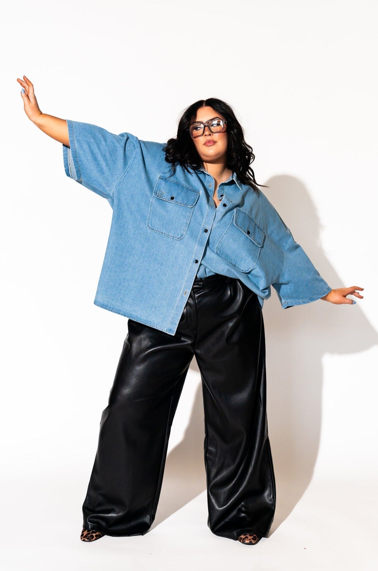 LALA ORIGINAL: Let Them Talk Oversized Denim Button Up in Vintage Blue - Dressed in Lala