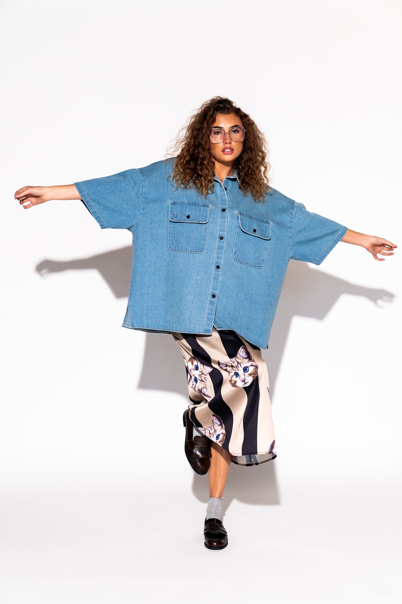 LALA ORIGINAL: Let Them Talk Oversized Denim Button Up in Vintage Blue - Dressed in Lala