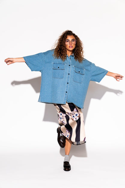 LALA ORIGINAL: Let Them Talk Oversized Denim Button Up in Vintage Blue - Dressed in Lala