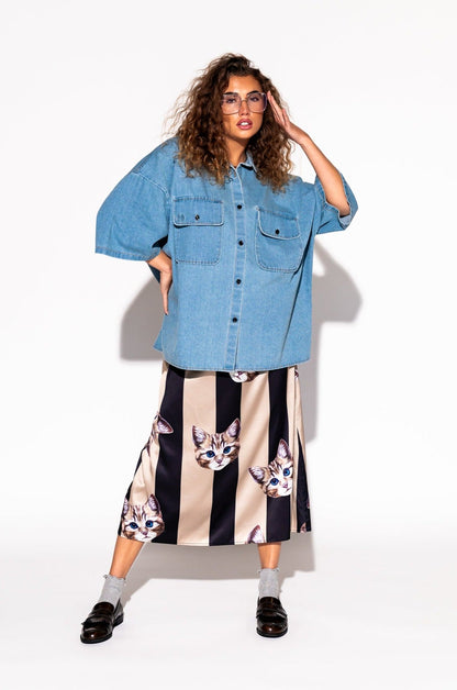LALA ORIGINAL: Let Them Talk Oversized Denim Button Up in Vintage Blue - Dressed in Lala