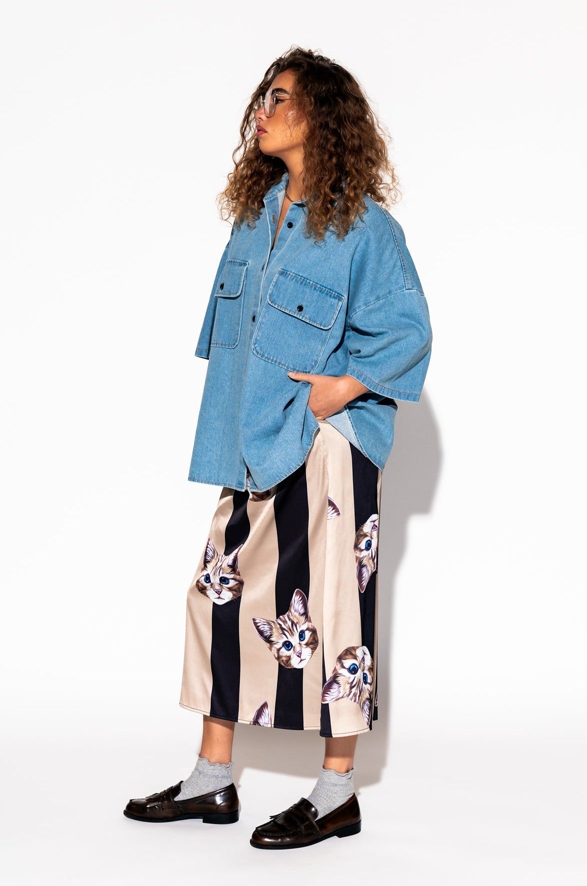 LALA ORIGINAL: Let Them Talk Oversized Denim Button Up in Vintage Blue - Dressed in Lala