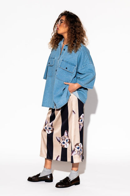LALA ORIGINAL: Let Them Talk Oversized Denim Button Up in Vintage Blue - Dressed in Lala