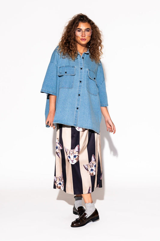 LALA ORIGINAL: Let Them Talk Oversized Denim Button Up in Vintage Blue - Dressed in Lala
