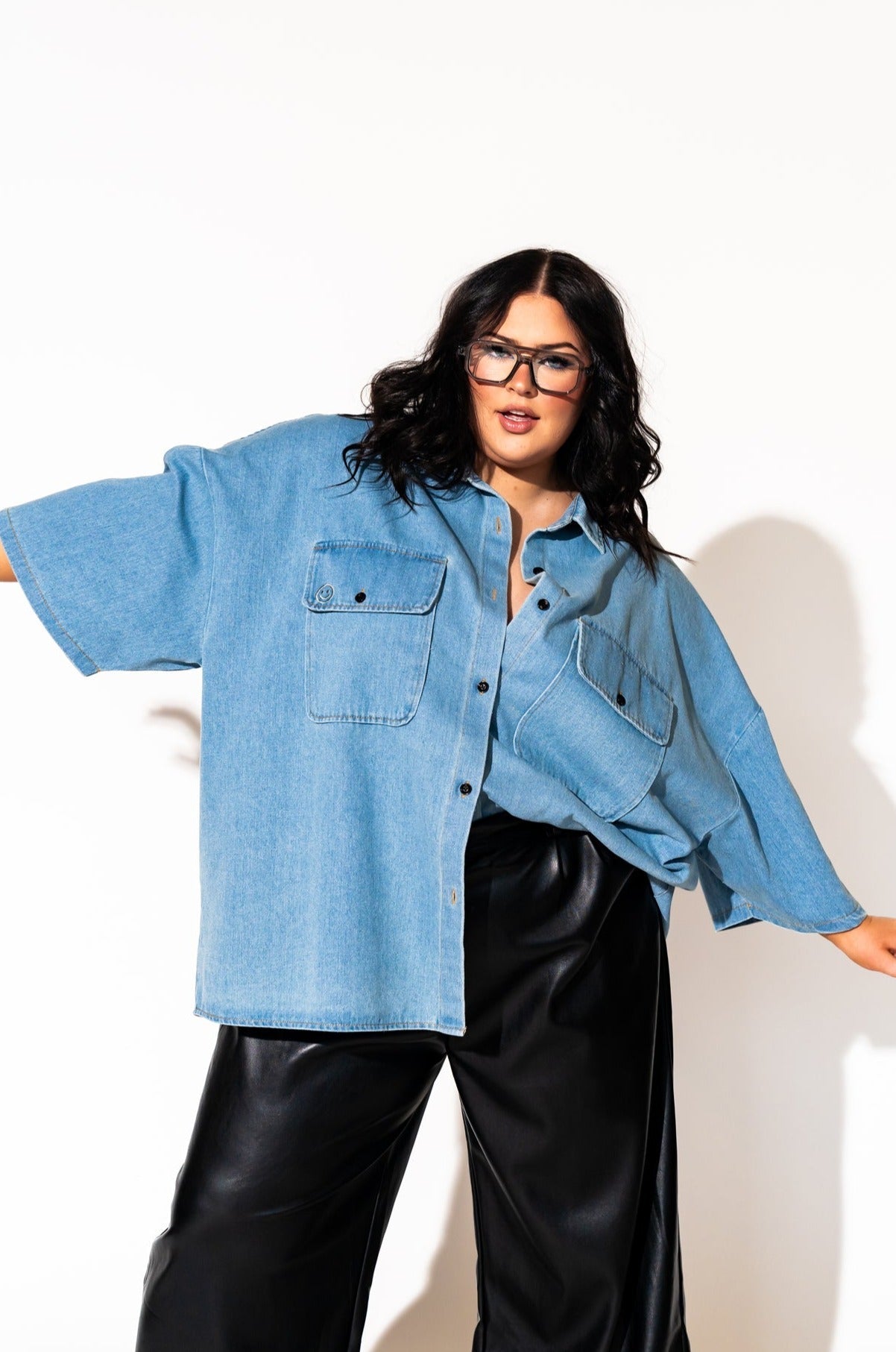 LALA ORIGINAL: Let Them Talk Oversized Denim Button Up in Vintage Blue - Dressed in Lala