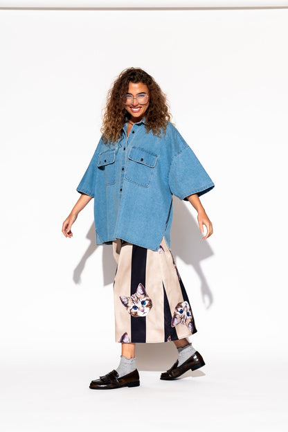 LALA ORIGINAL: Let Them Talk Oversized Denim Button Up in Vintage Blue - Dressed in Lala