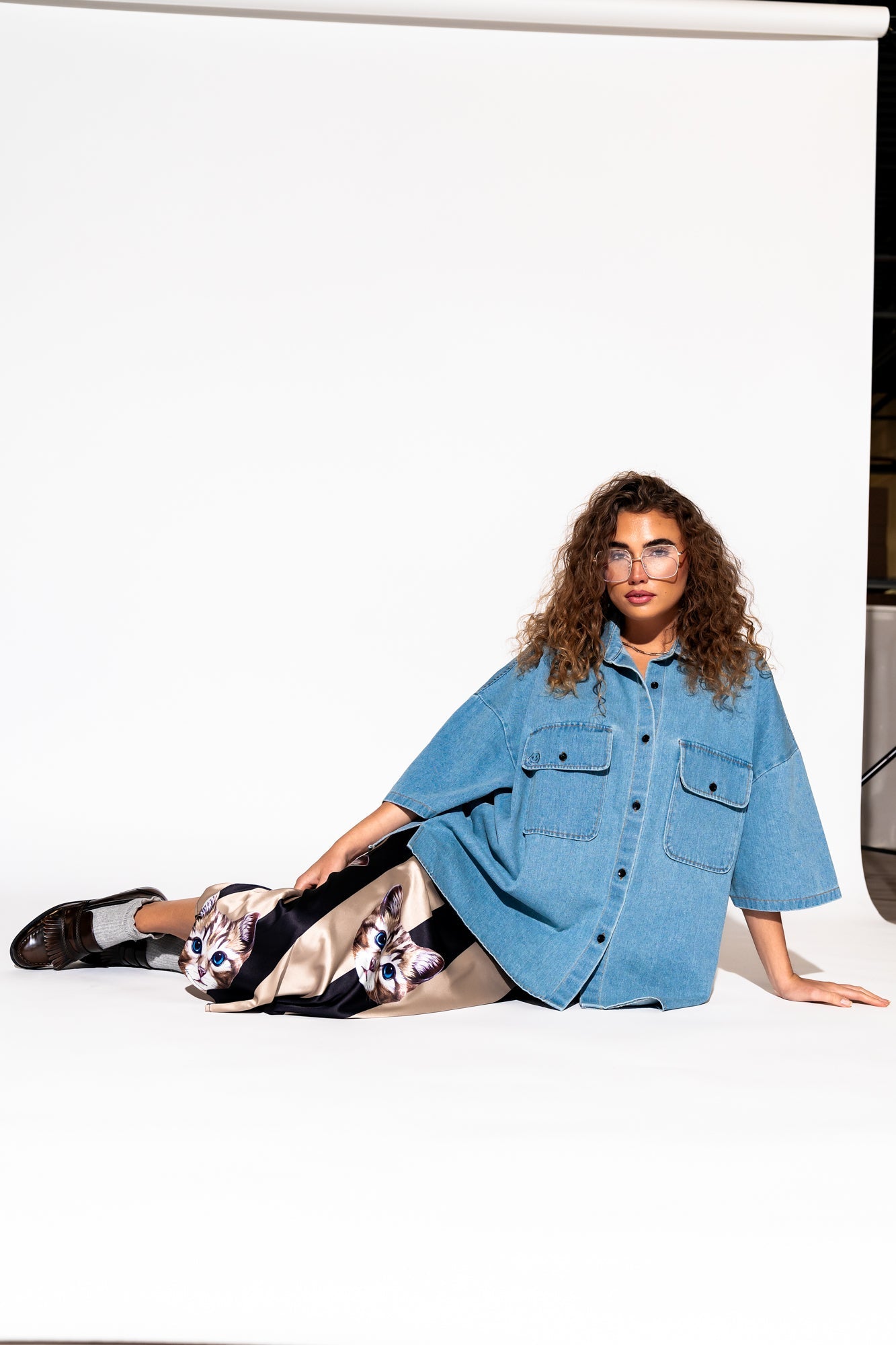 LALA ORIGINAL: Let Them Talk Oversized Denim Button Up in Vintage Blue - Dressed in Lala