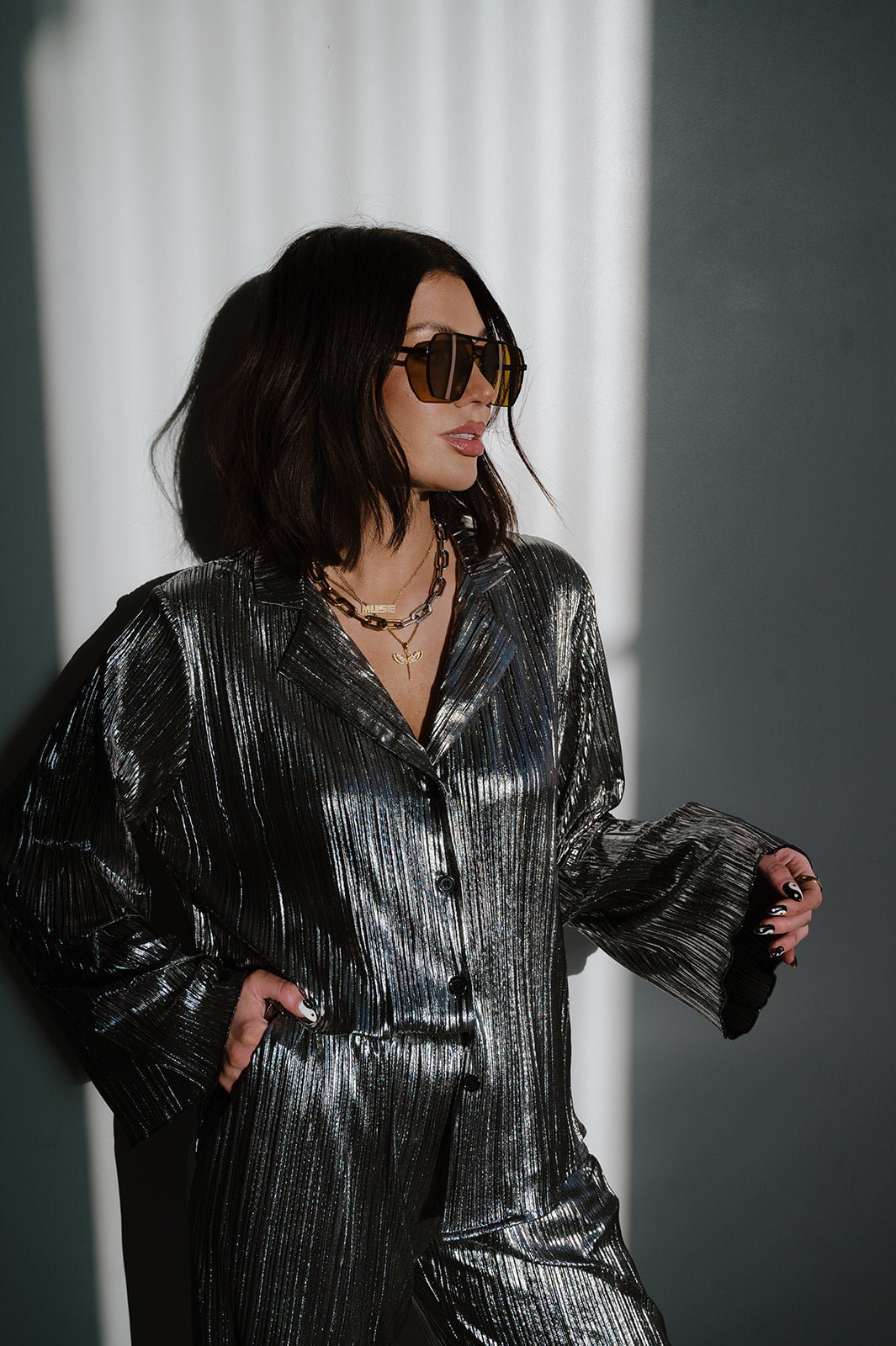 Long Sleeve Metallic Plissé Set in Gunmetal Dressed in Lala