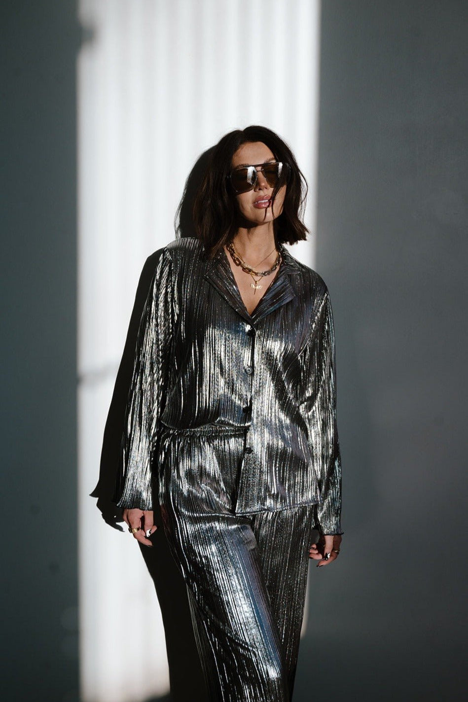 Long Sleeve Metallic Plissé Set in Gunmetal Dressed in Lala