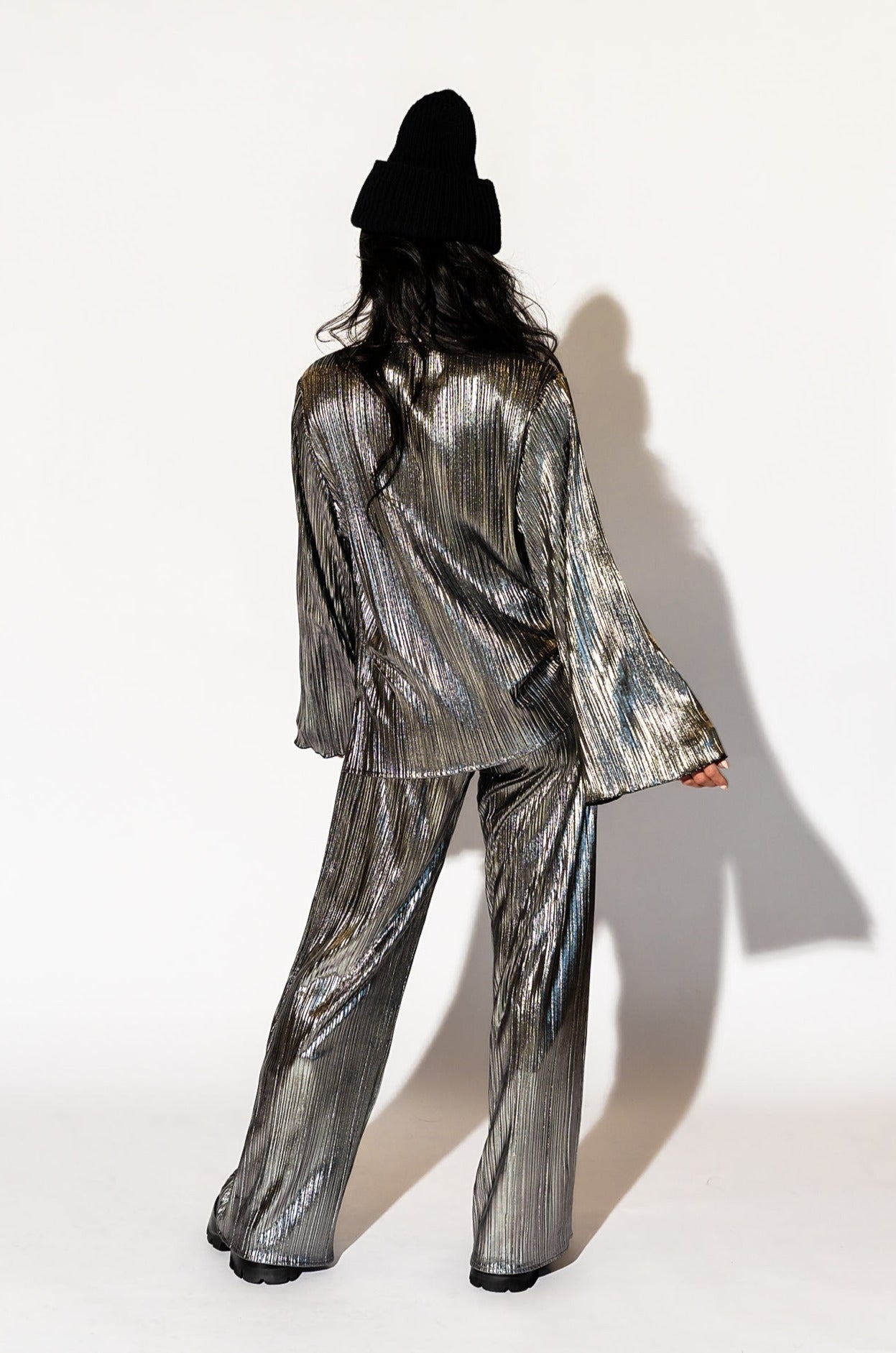 Long Sleeve Metallic Plissé Set in Gunmetal Dressed in Lala
