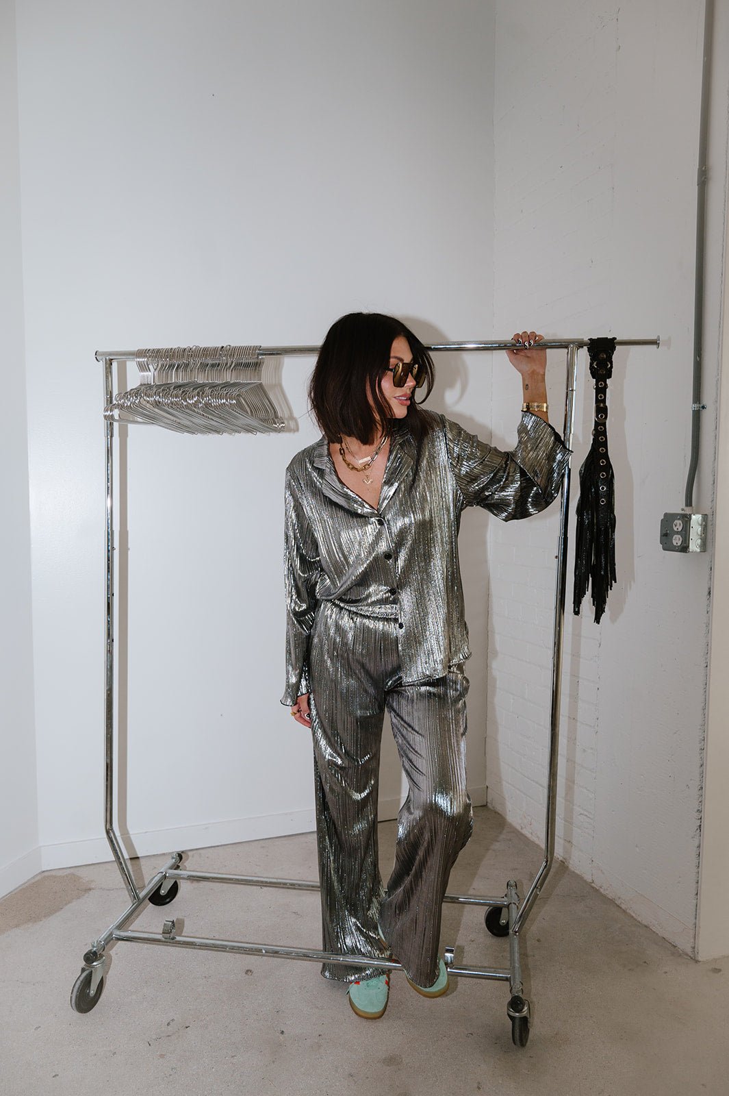 Long Sleeve Metallic Plissé Set in Gunmetal Dressed in Lala