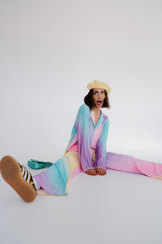 LALA ORIGINAL: Long Sleeve Plissé Set in Rainbow Daydream - Dressed in Lala