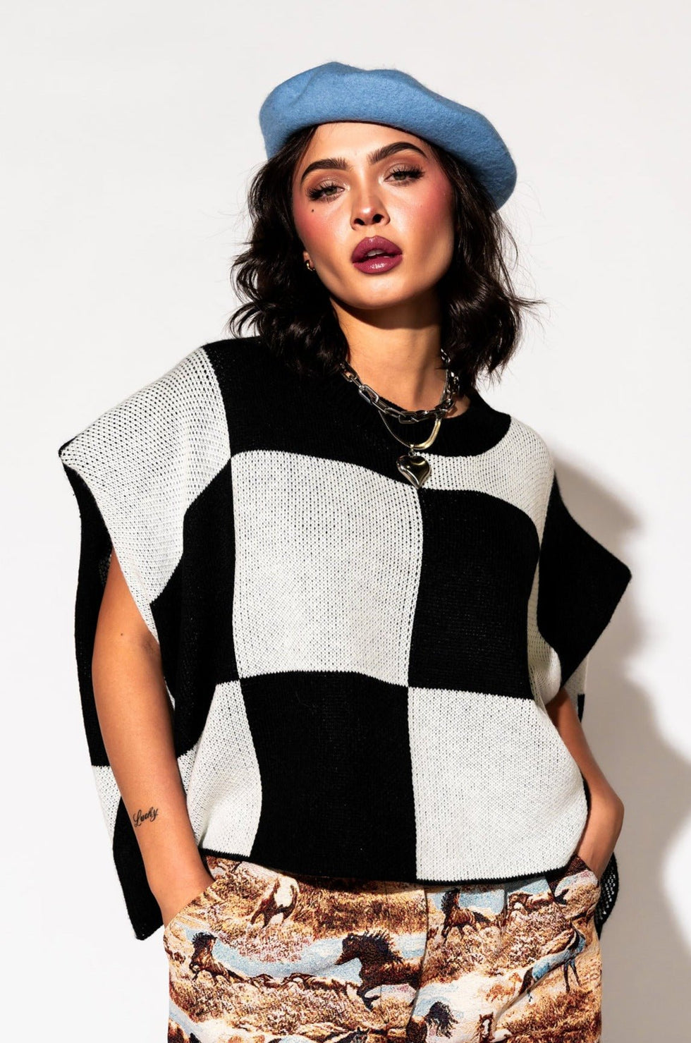 Lover Girl Knit Shoulder Pad Top in Checkerboard Dressed in Lala