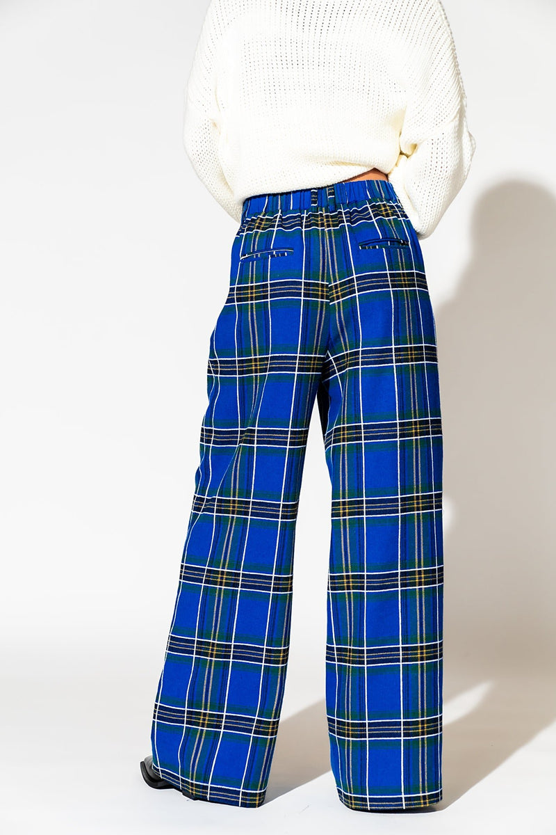 Lovers Lane Plaid Wide Leg Trousers in Cobalt Blue – Dressed in Lala