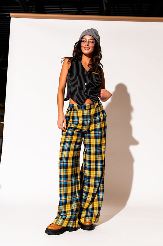 LALA ORIGINAL: Lovers Lane Plaid Wide Leg Trousers in Yellow - Dressed in Lala