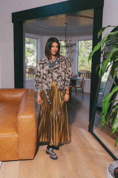 LALA ORIGINAL: Metallic Pleated Midi Skirt in 24 Karat Gold *SHIPPING STARTS 11/2/23* - Dressed in Lala