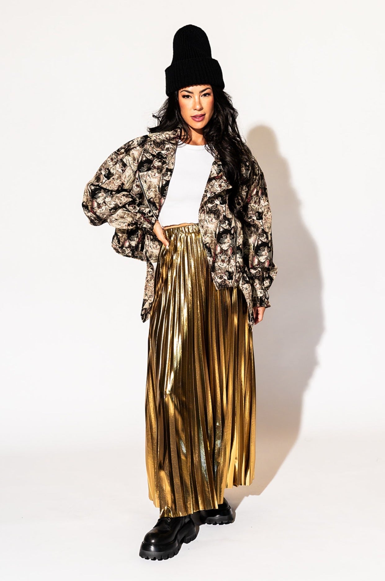 LALA ORIGINAL: Metallic Pleated Midi Skirt in 24 Karat Gold *SHIPPING STARTS 11/2/23* - Dressed in Lala